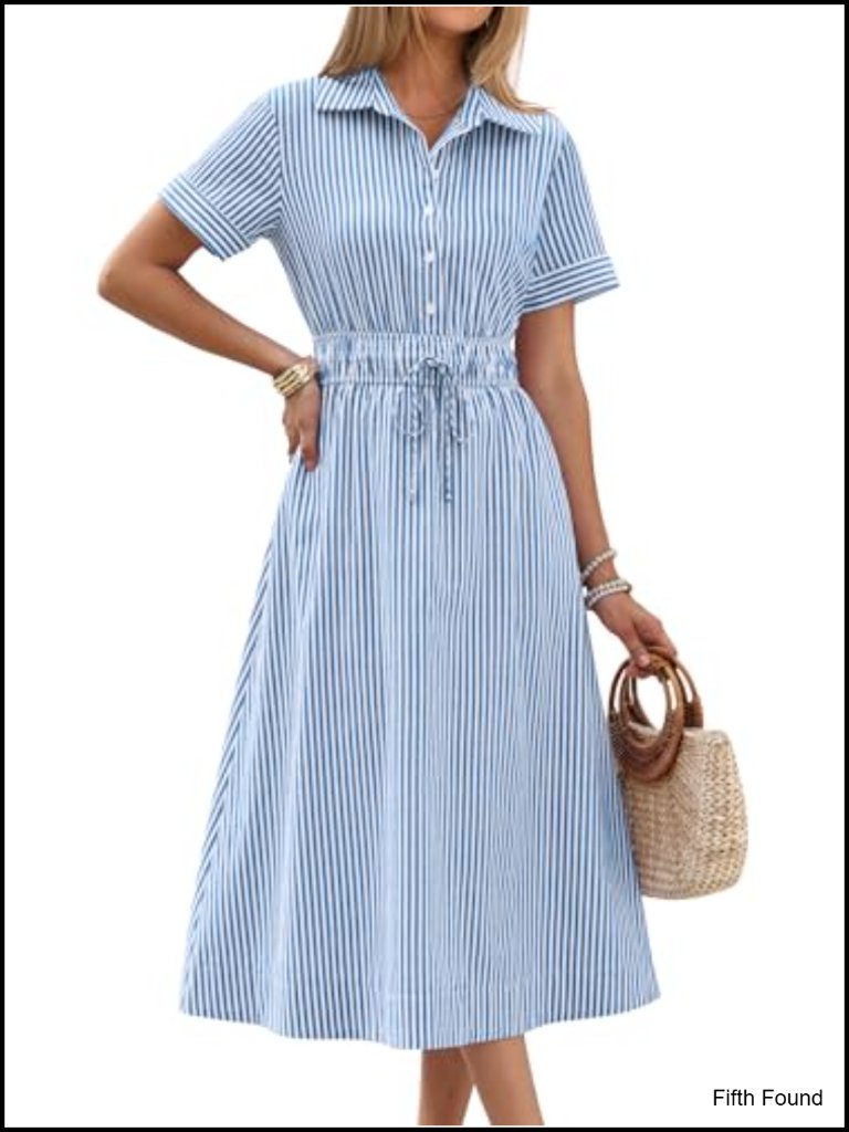 Striped & Gingham Button Collar Shirt Dress, Midi Length With Pockets
